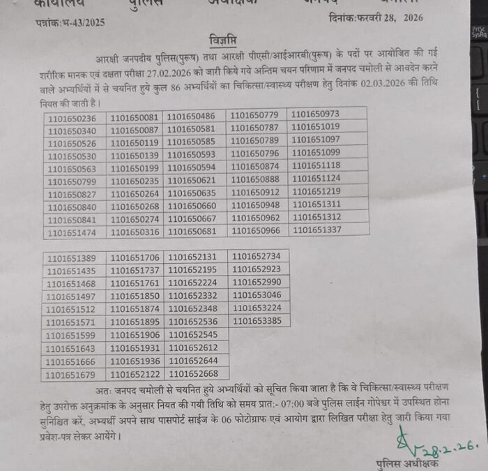 चमोली: पुलिस आरक्षी के लिए चयनित हुए चमोली जनपद के 86 युवा, अब होगा मेडिकल, देखें रिजल्ट–